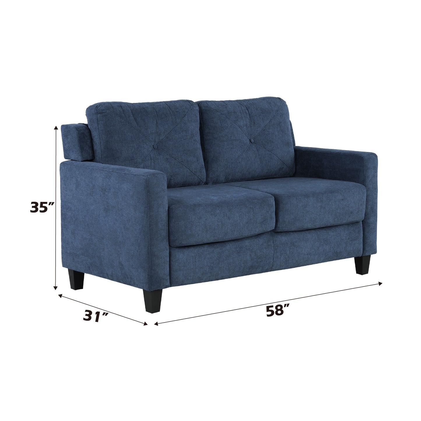 Blue upholstered loveseat with button tufting and square arms