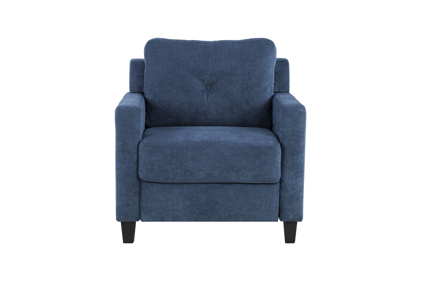 Tufted blue fabric armchair with squared arms