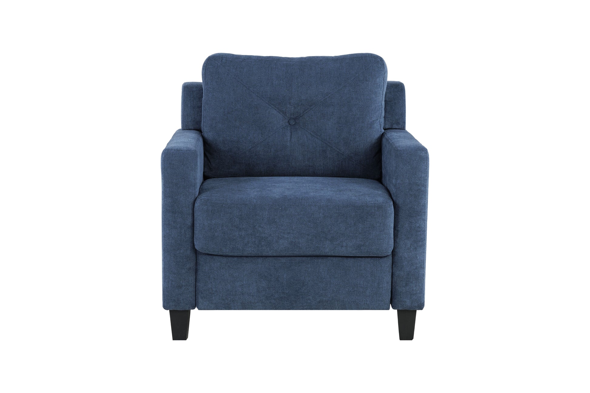 Tufted blue fabric armchair with squared arms