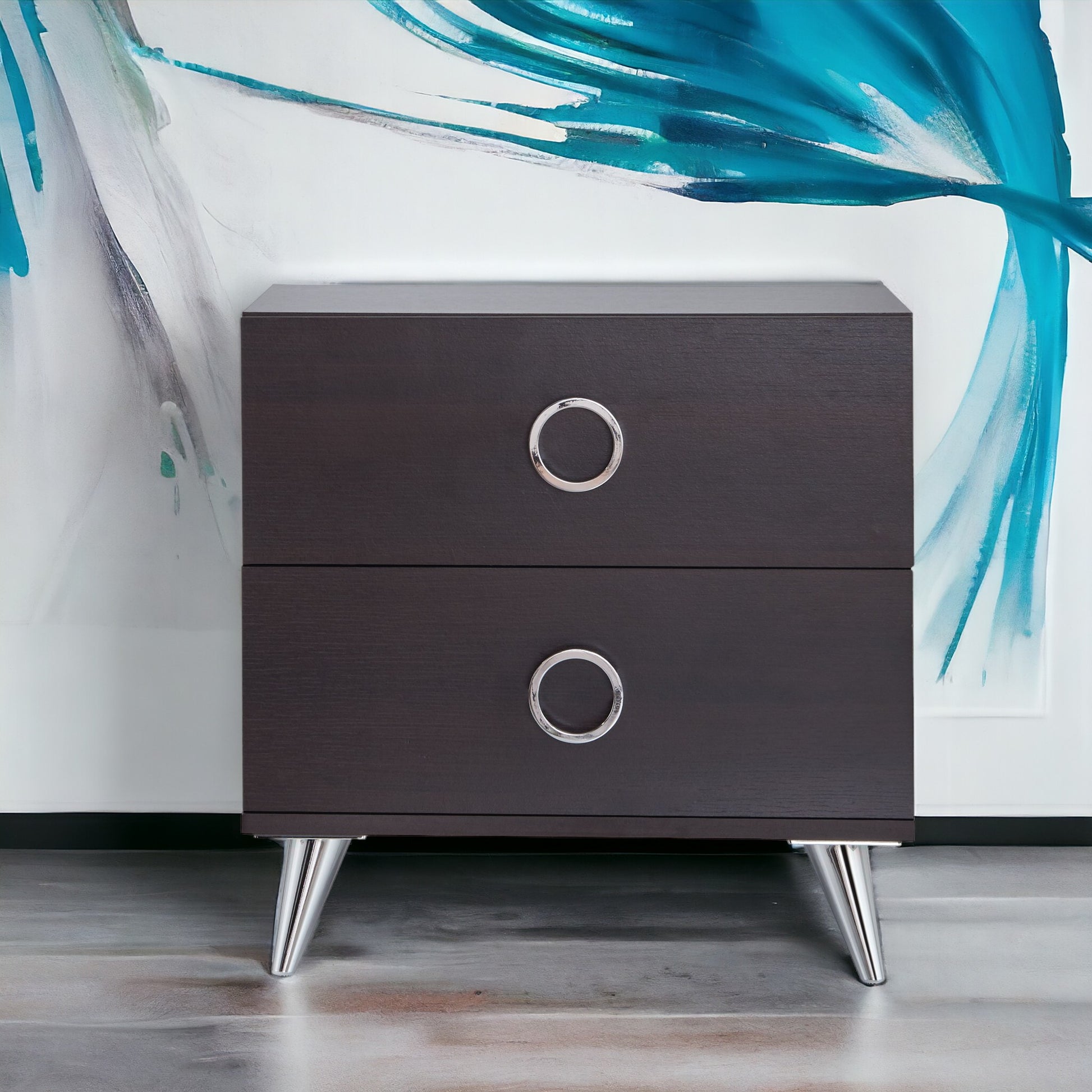 Dark wood nightstand with two drawers and silver ring pulls