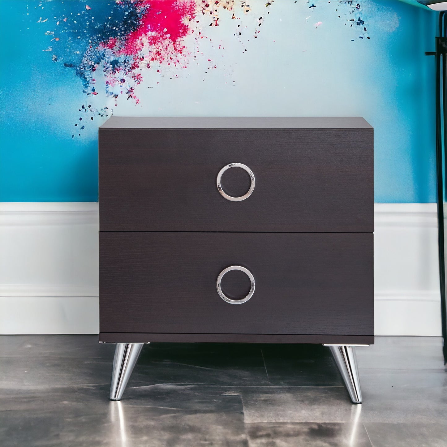 Dark wood twodrawer nightstand with chrome ring pulls and tapered legs