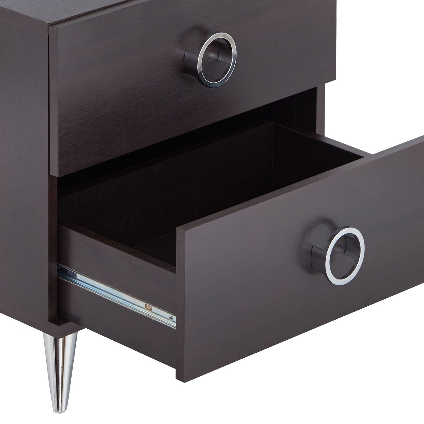 Dark wood nightstand with one open drawer and silver ring pull