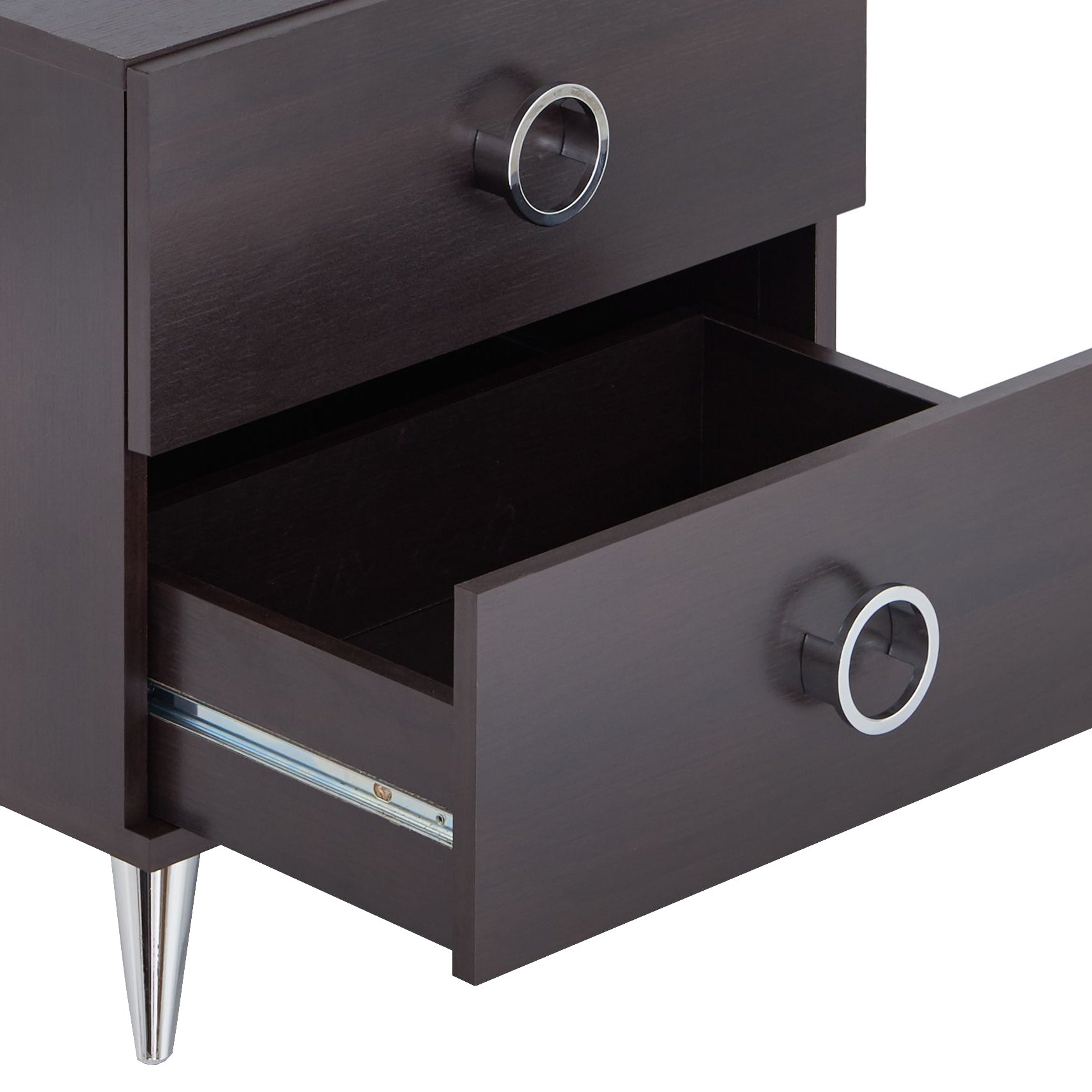 Dark wood nightstand with one open drawer and silver ring pull