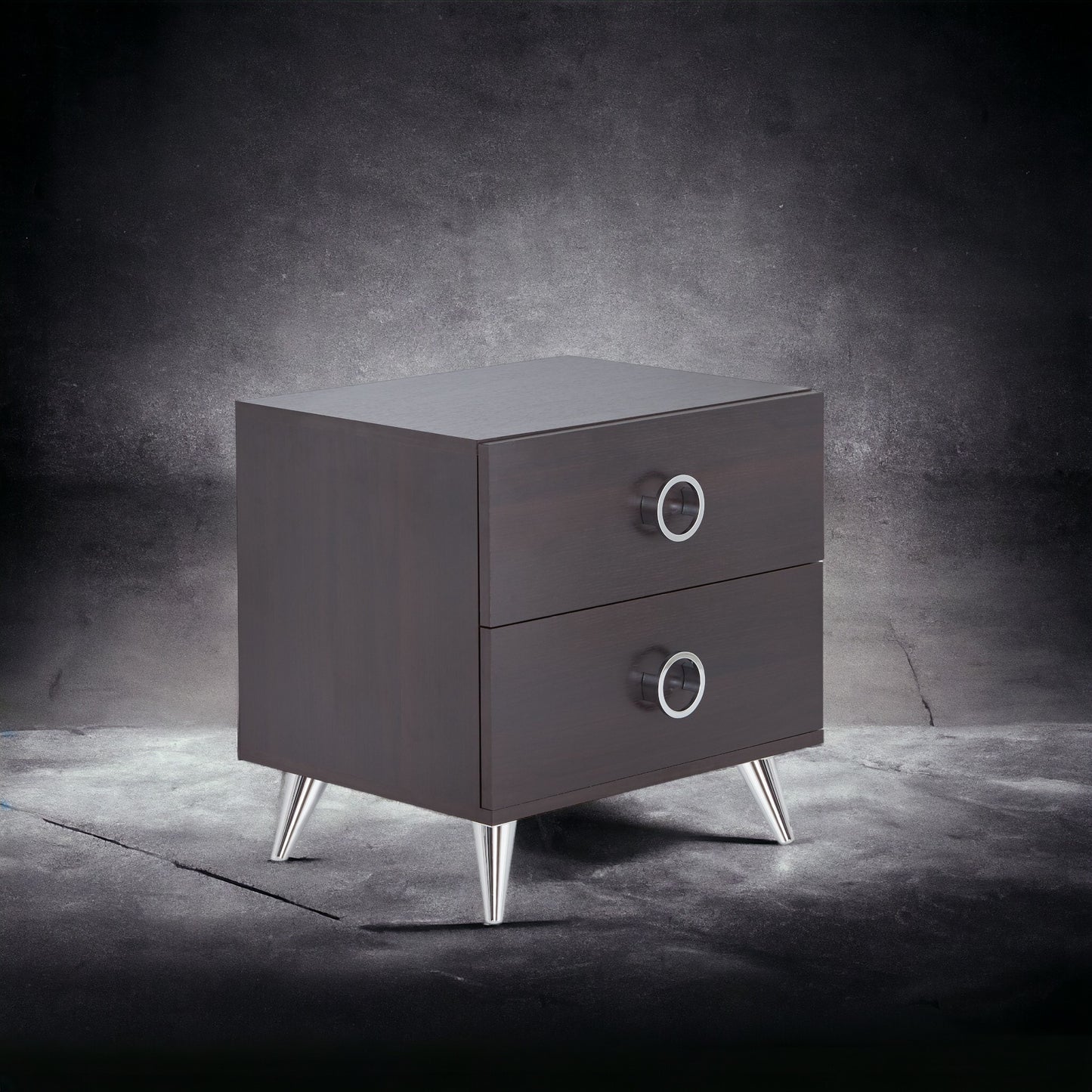 Dark wood twodrawer nightstand with silver ring pulls and tapered legs
