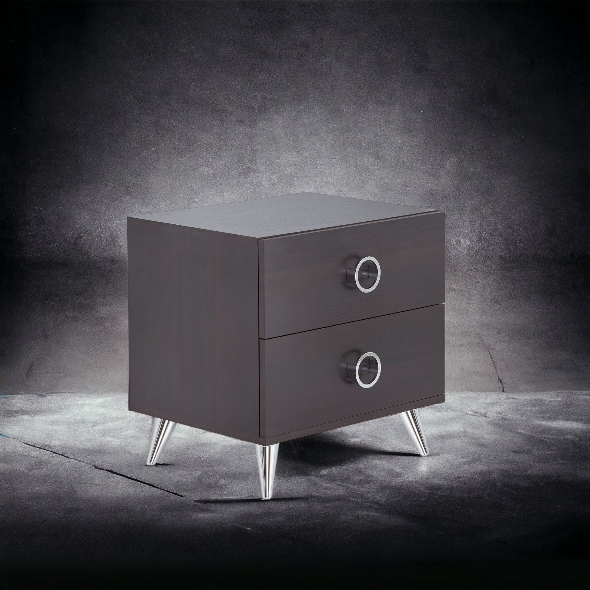 Dark wood twodrawer nightstand with silver ring pulls and tapered legs