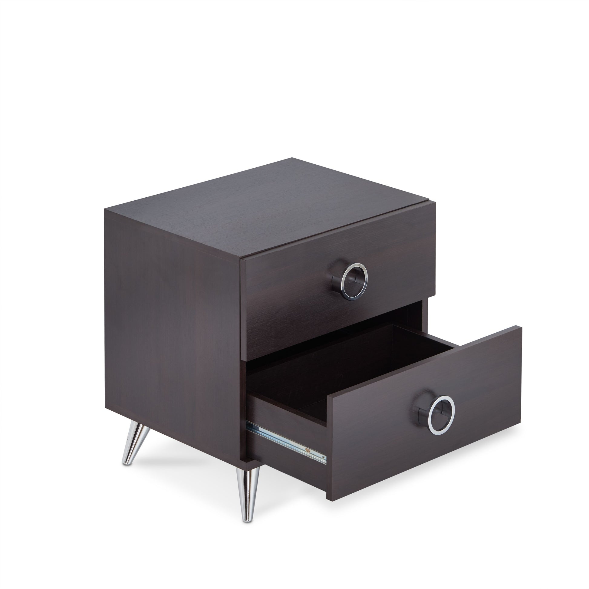 Dark wood nightstand with two drawers one open featuring silver ring pulls and tapered metal legs