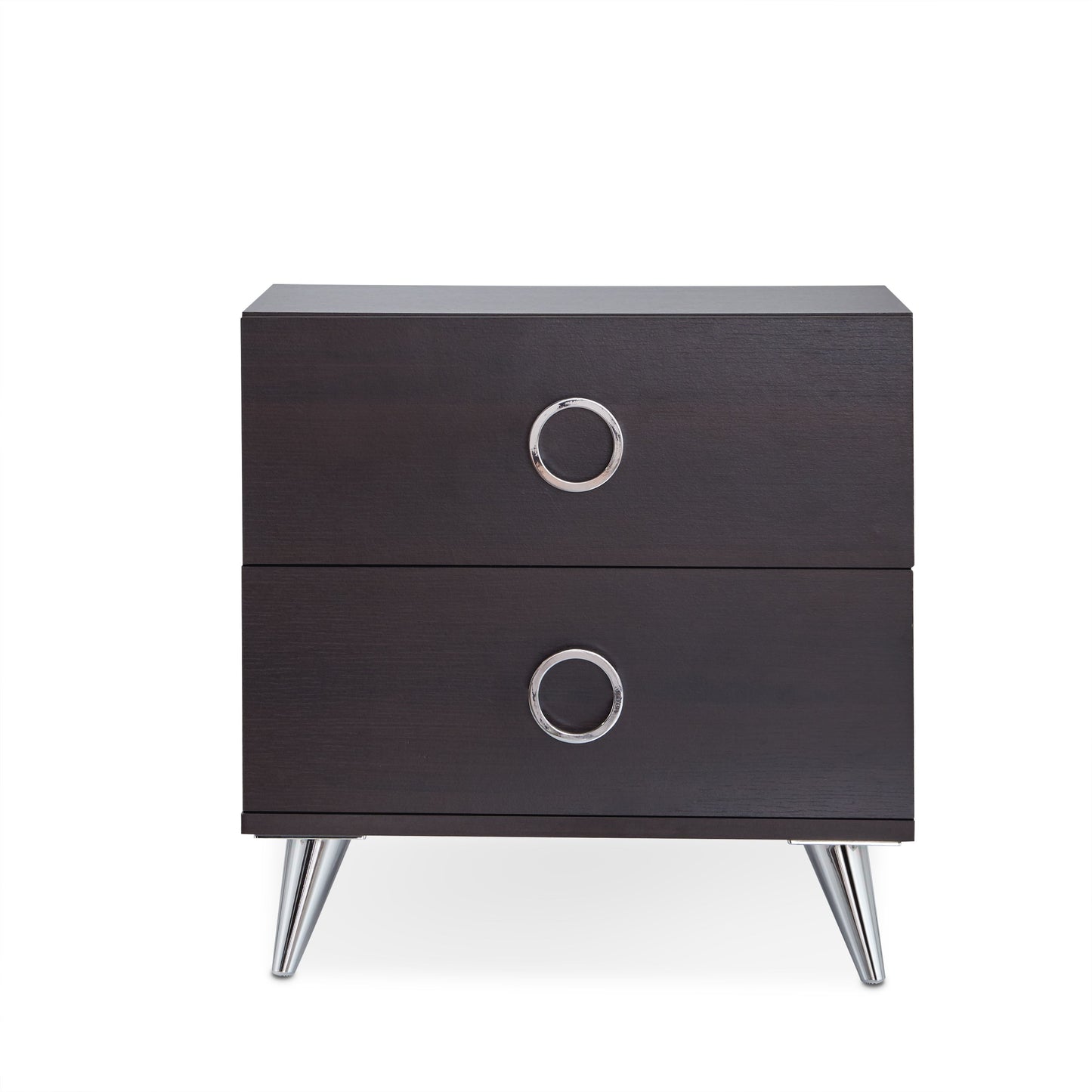 Dark wood nightstand with two drawers featuring circular chrome pulls and angled chrome legs
