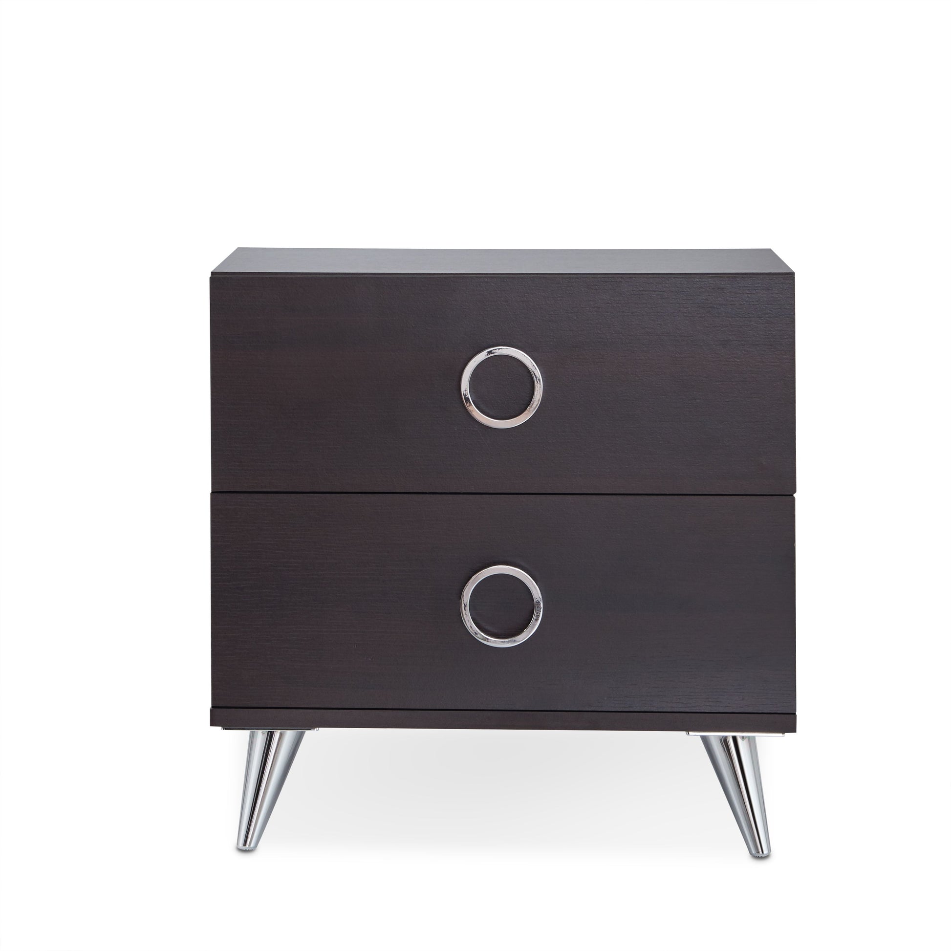 Dark wood nightstand with two drawers featuring circular chrome pulls and angled chrome legs
