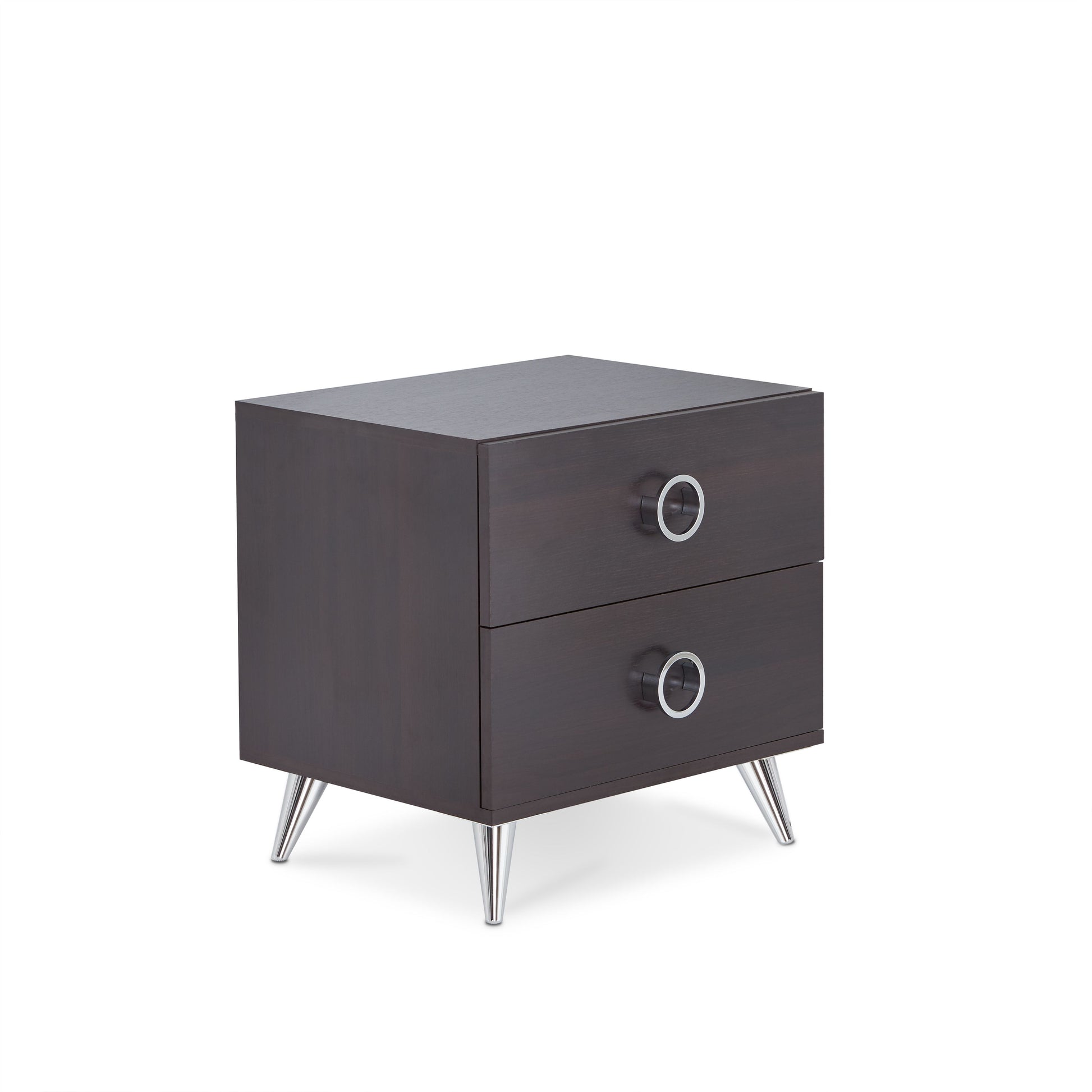 Dark wood nightstand with two drawers featuring silver ring pulls and chrome tapered legs