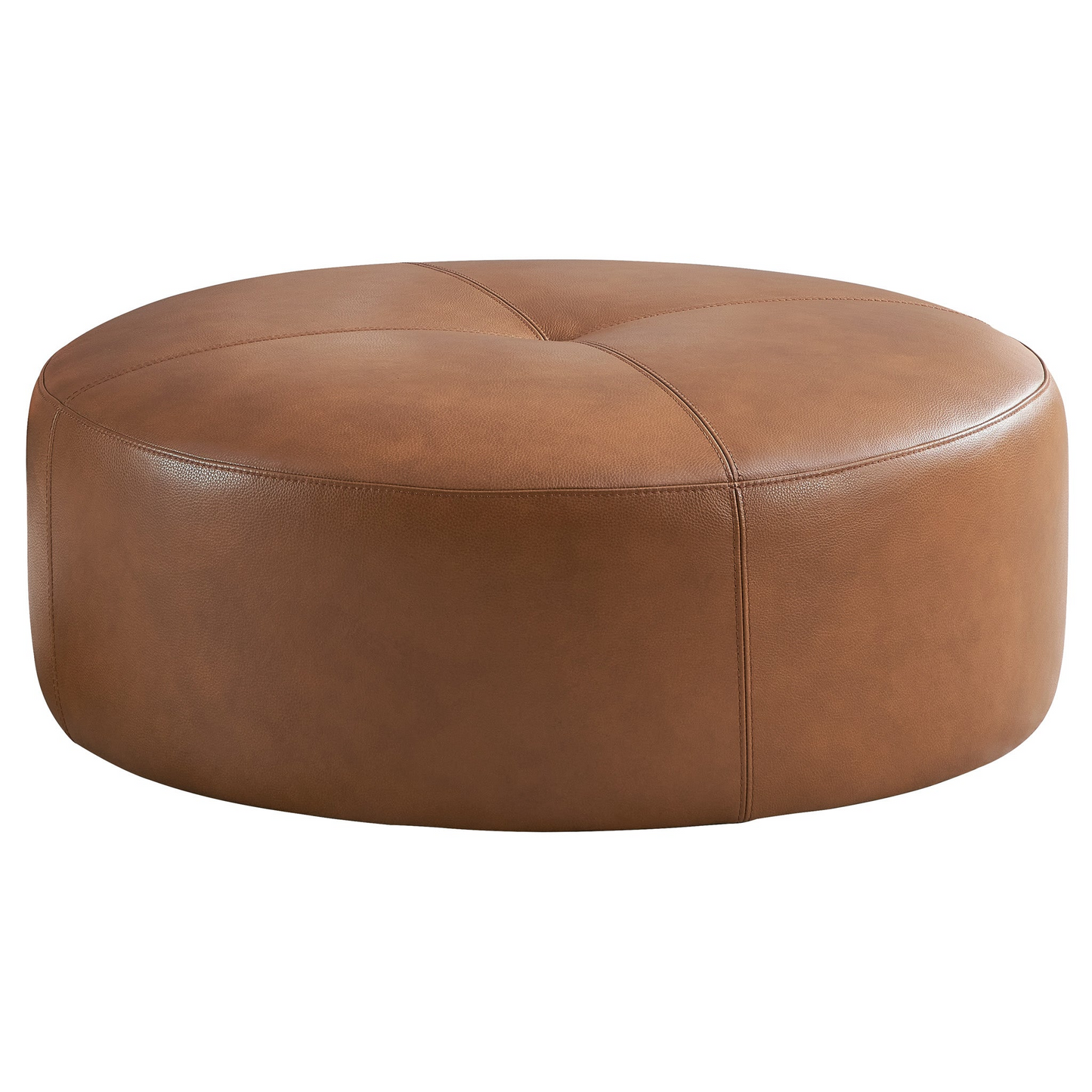 Round tan leather ottoman with tufted top and stitched seams
