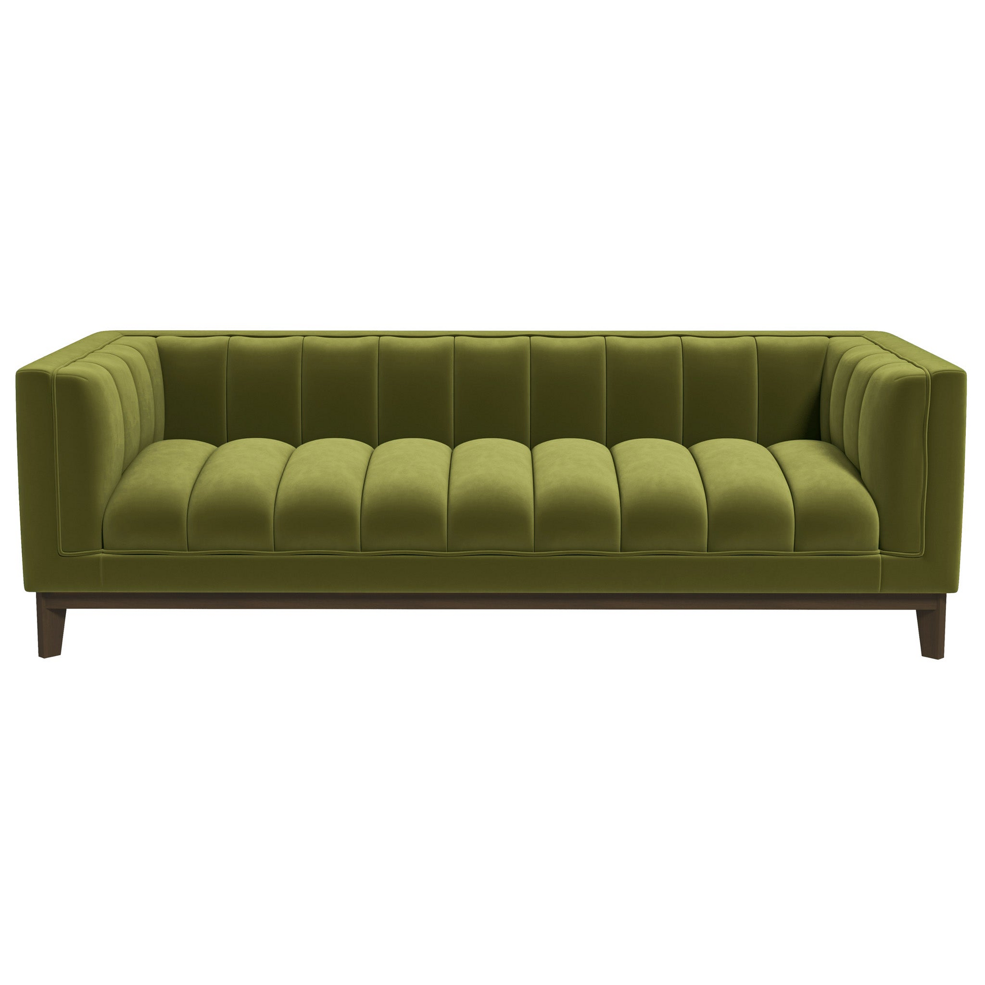 Modern olive green velvet sofa with tufted detailing and dark wood legs