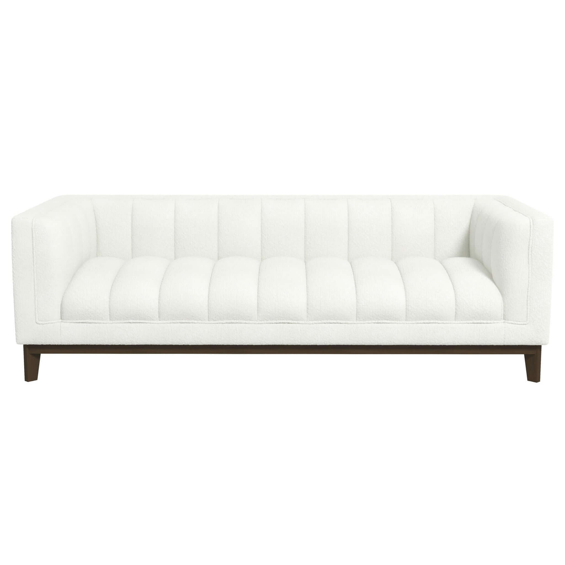 White boucle tufted sofa with dark wooden legs