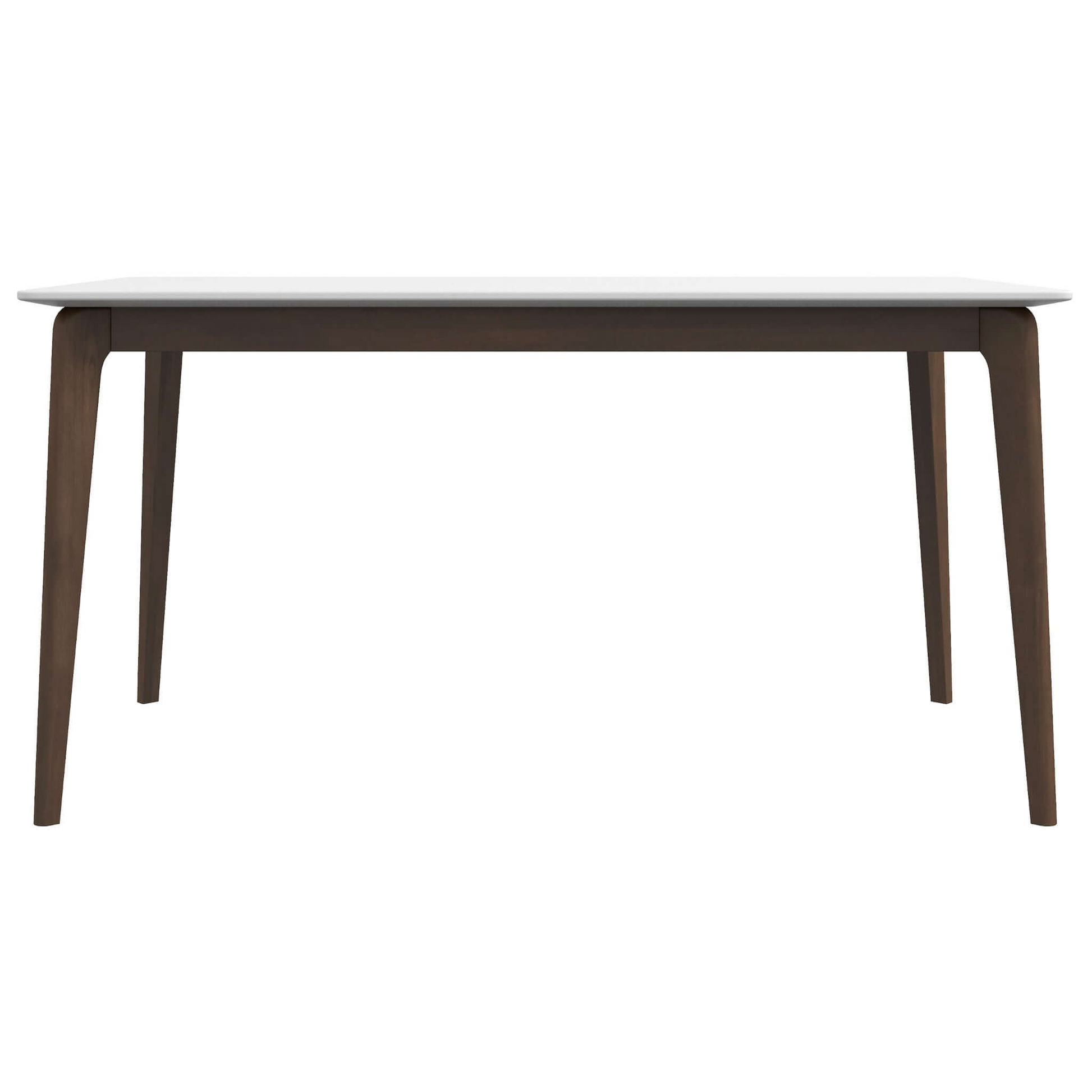Modern dining table with white marble top and dark wood legs
