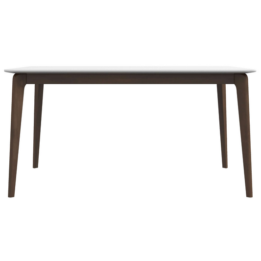 Modern dining table with white marble top and dark wood legs