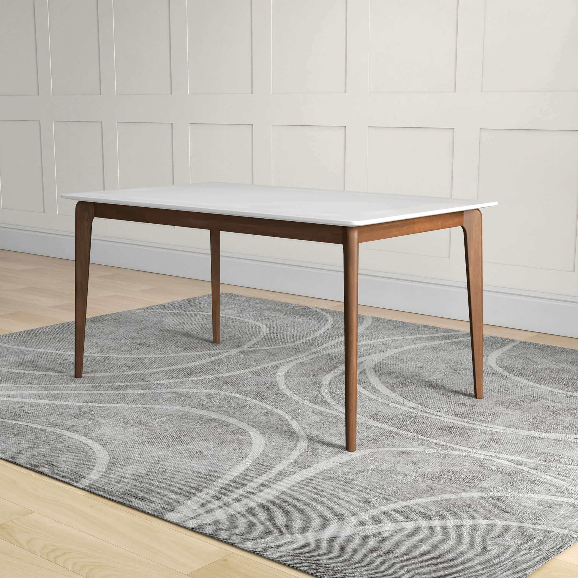 Modern white rectangular dining table with tapered wood legs