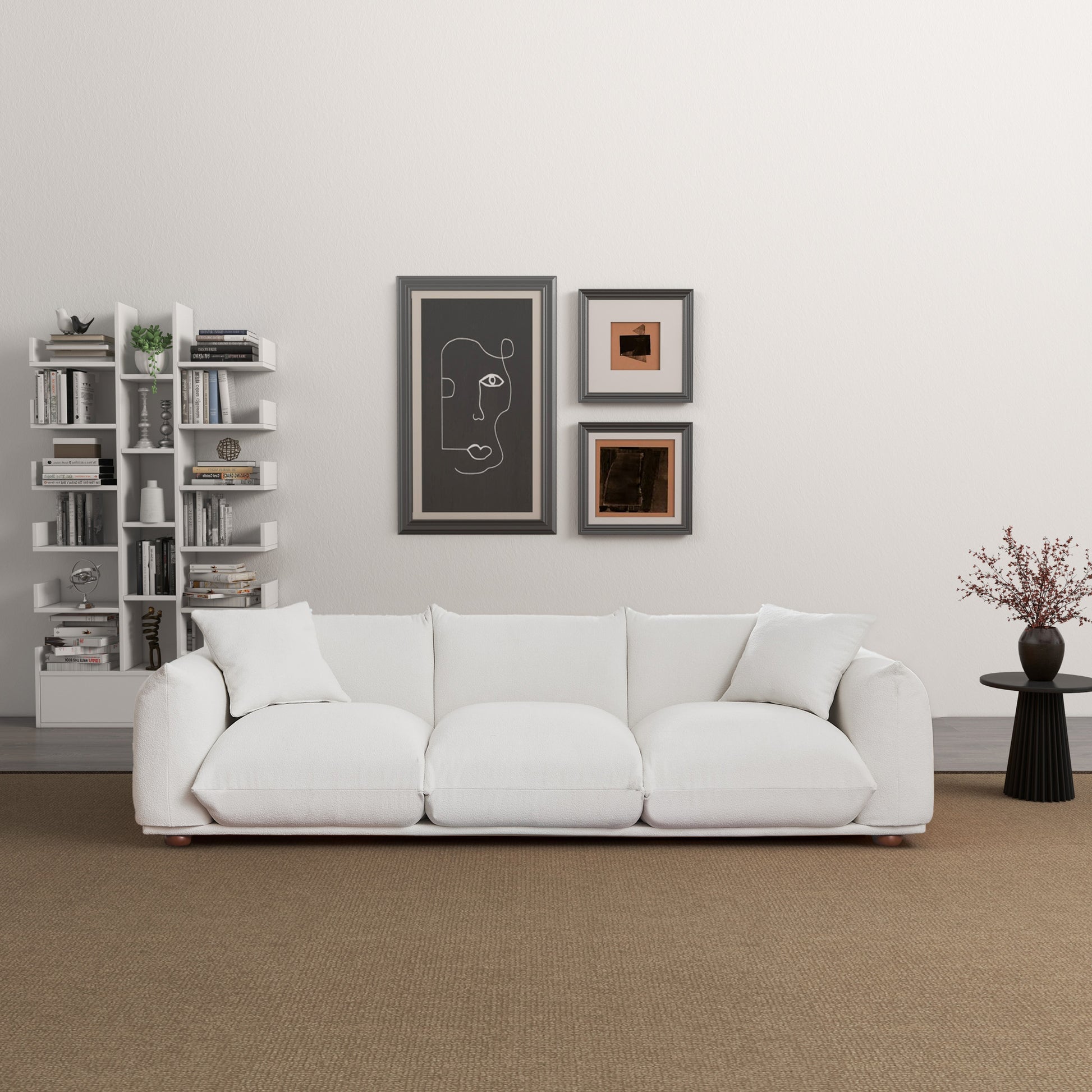 White textured fabric sofa with plush cushions