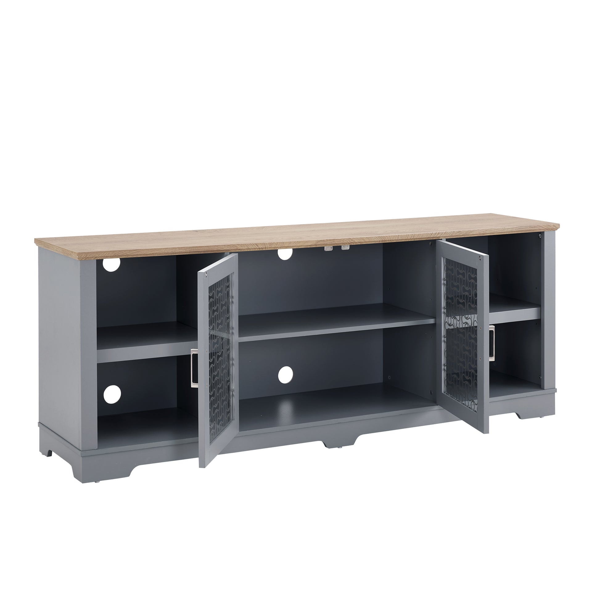 Gray media console with wooden top and glass doors