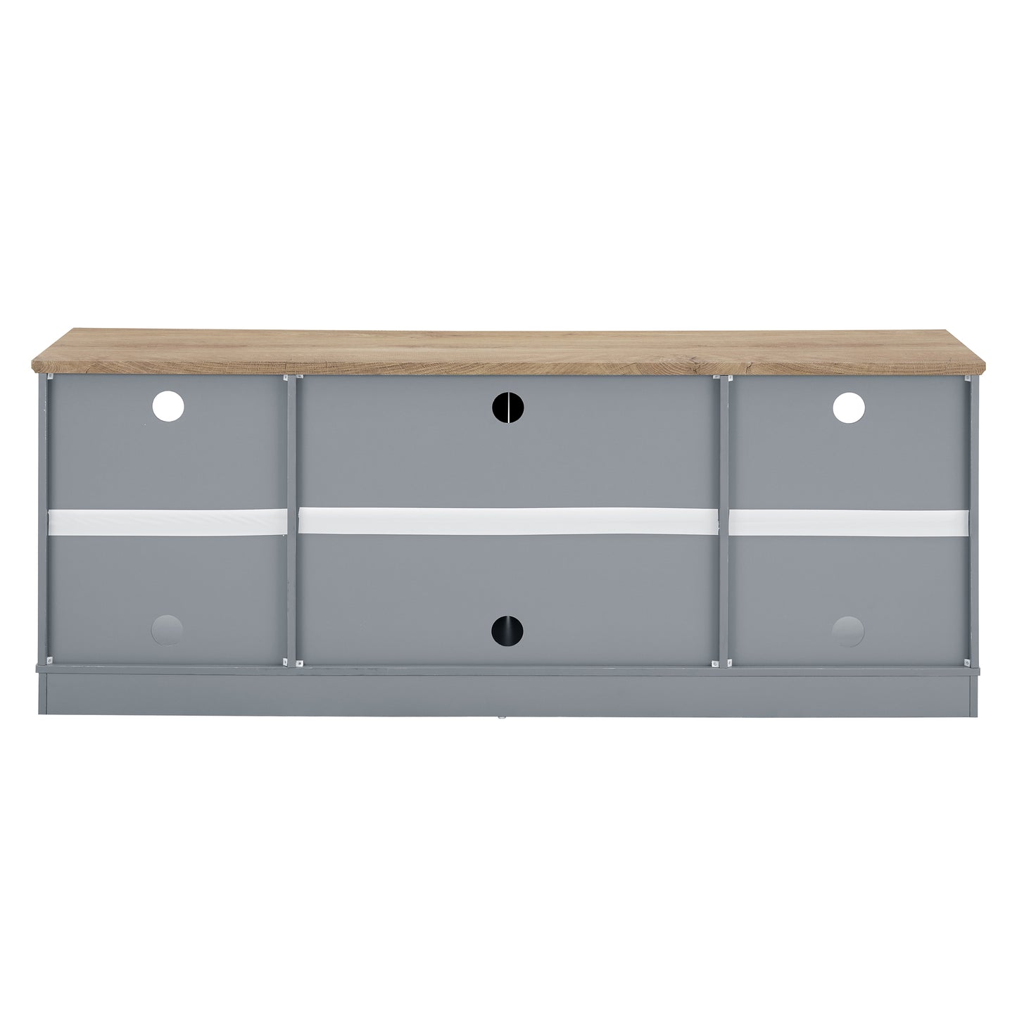 Grey media console with wooden top and cable management holes