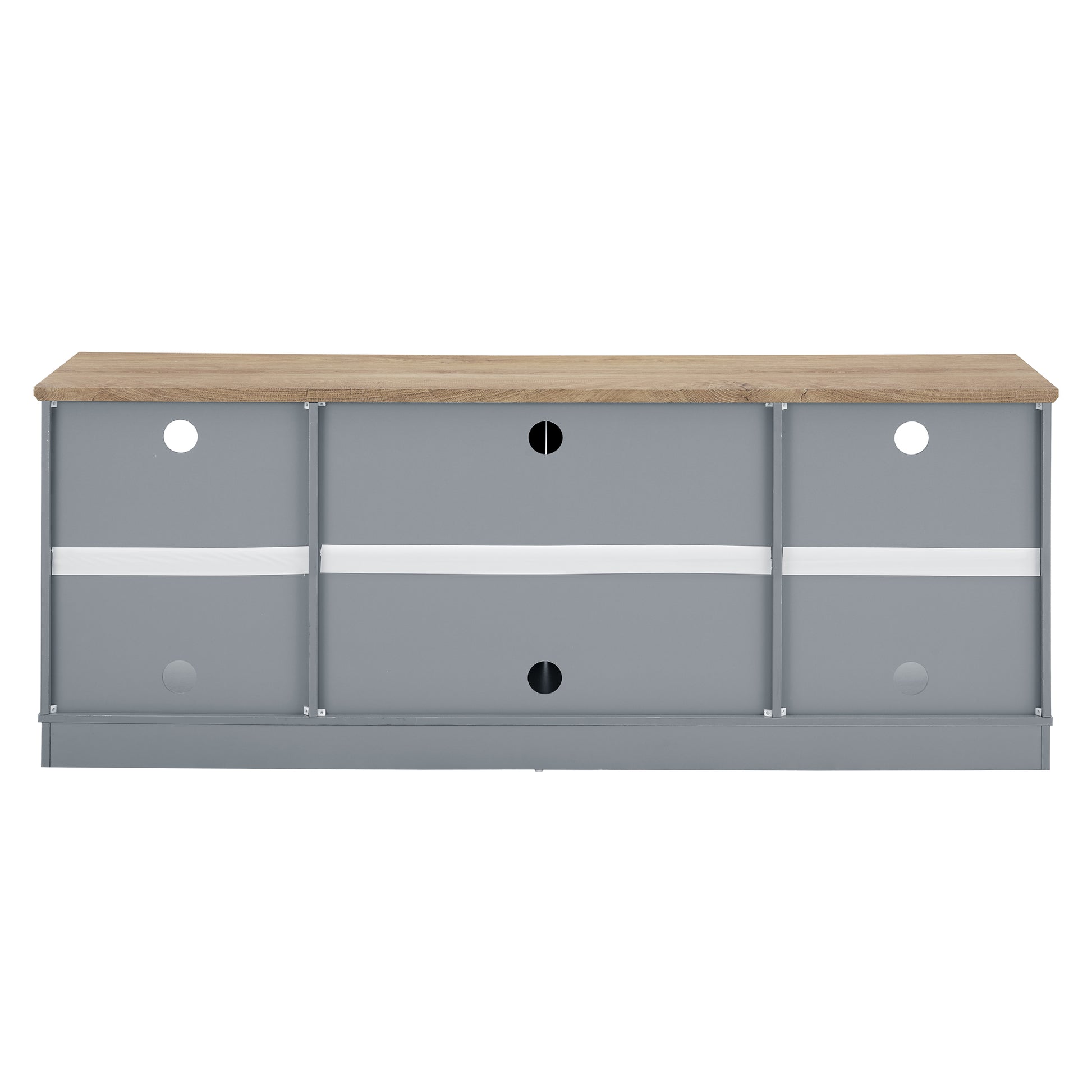 Grey media console with wooden top and cable management holes