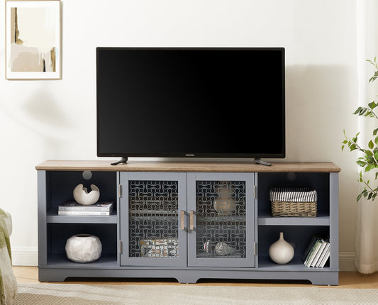 Gray farmhouse TV stand with wood top and decorative glass doors