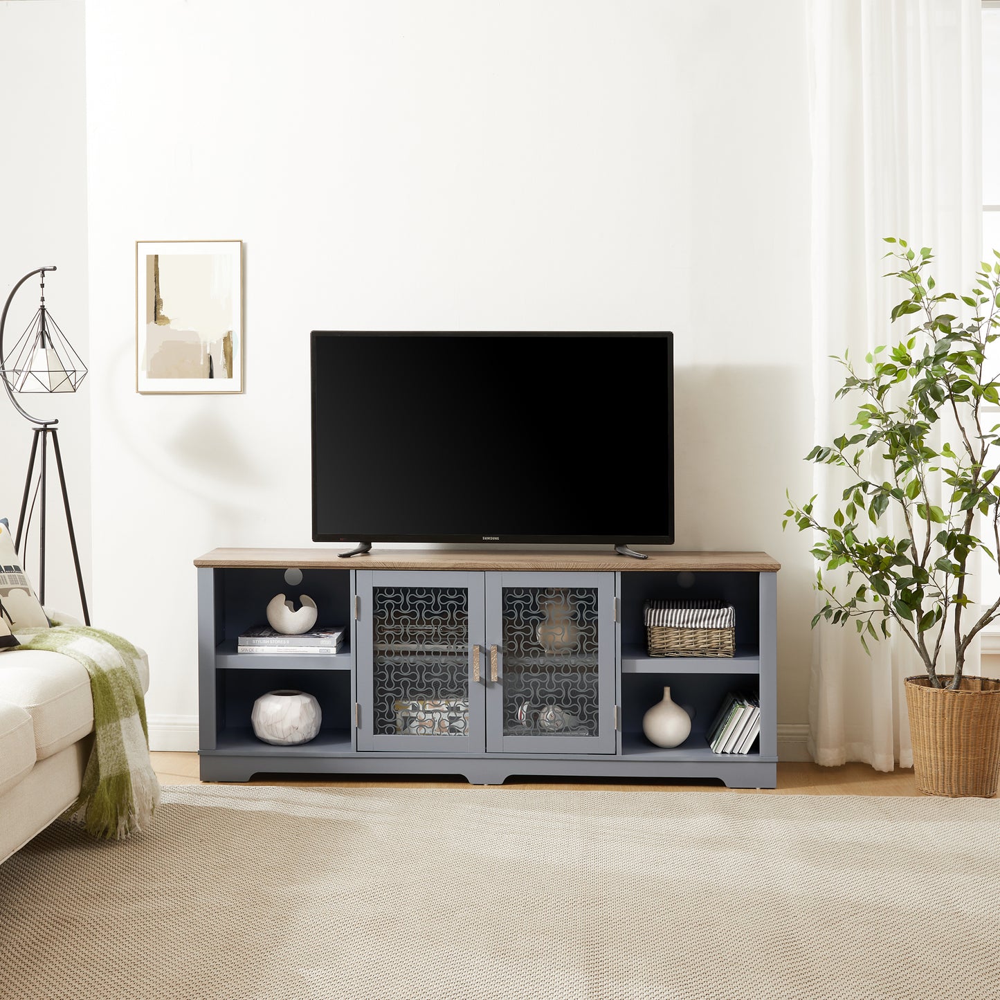Gray media console with wooden top and two glass doors