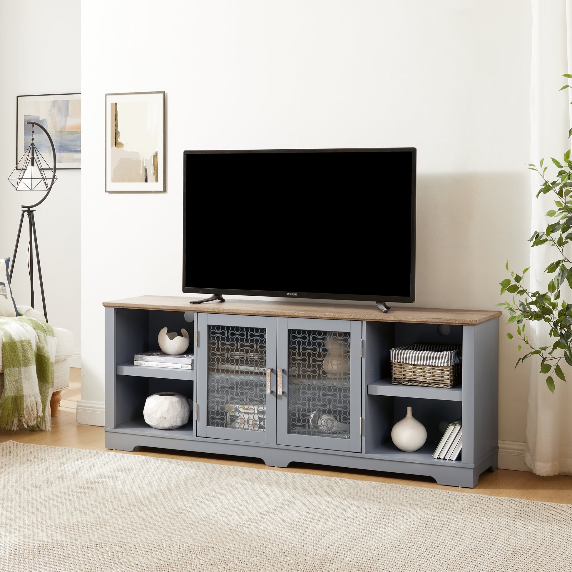 Grey media console with oak top and decorative glass doors