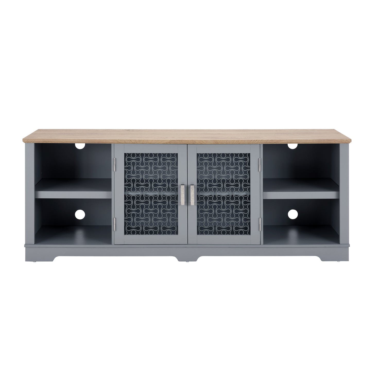 Grey media console with oak top and patterned glass doors