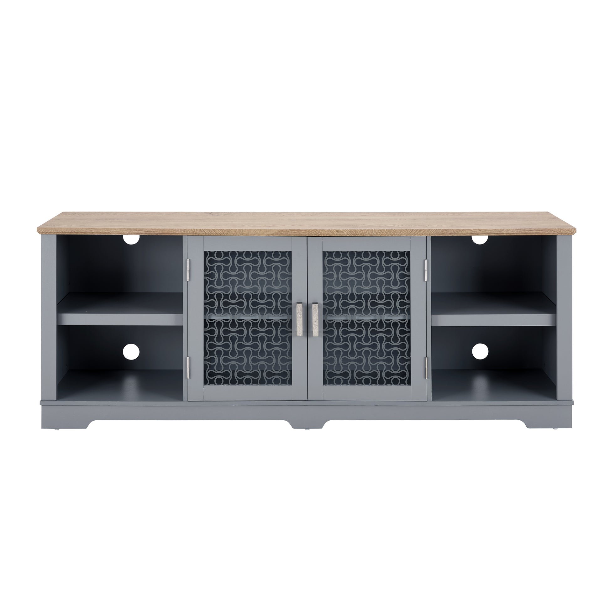 Grey media console with oak top and patterned glass doors