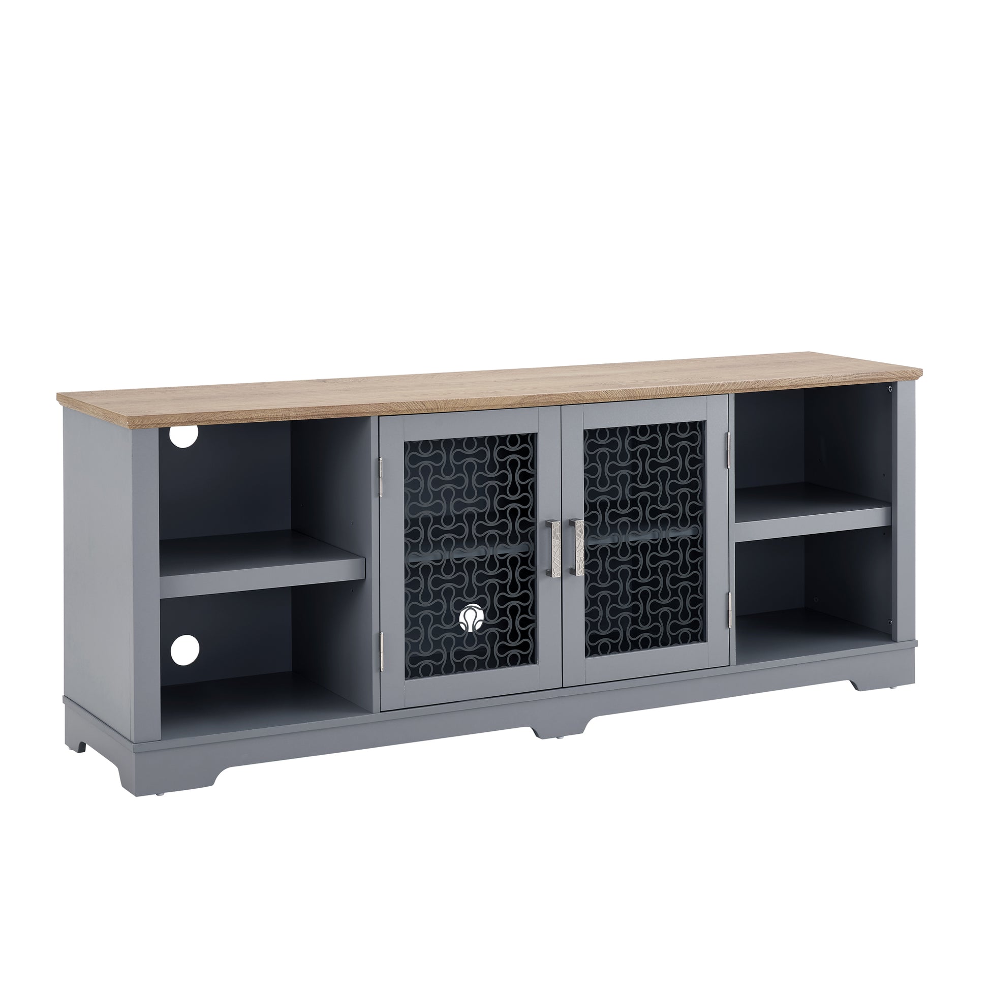 Gray media console with wood top and decorative glass doors