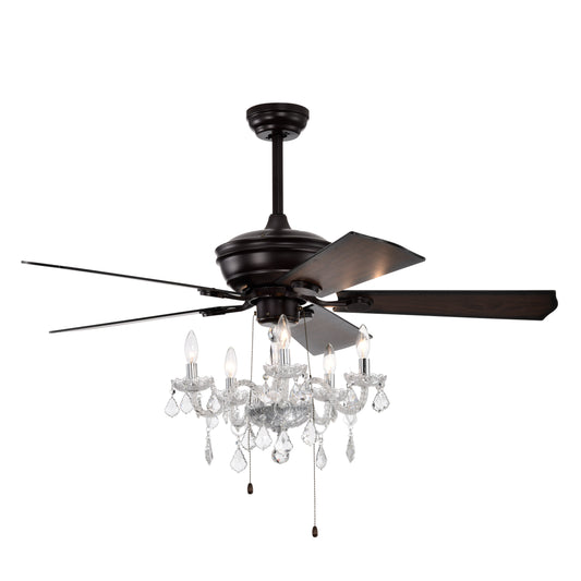 Dark bronze ceiling fan with five woodgrain blades and crystal chandelier