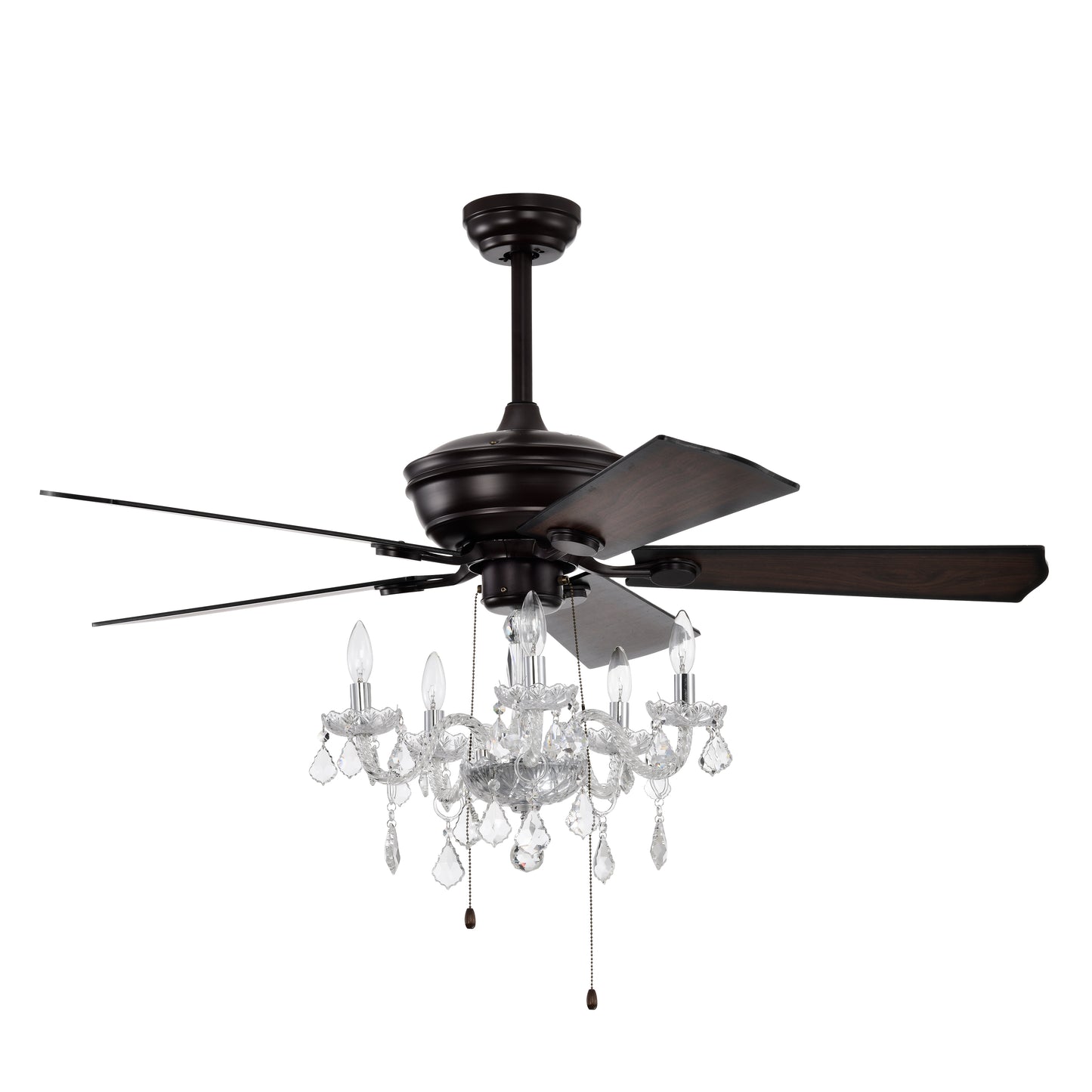 Bronze fiveblade ceiling fan with crystal chandelier and dark wood blades