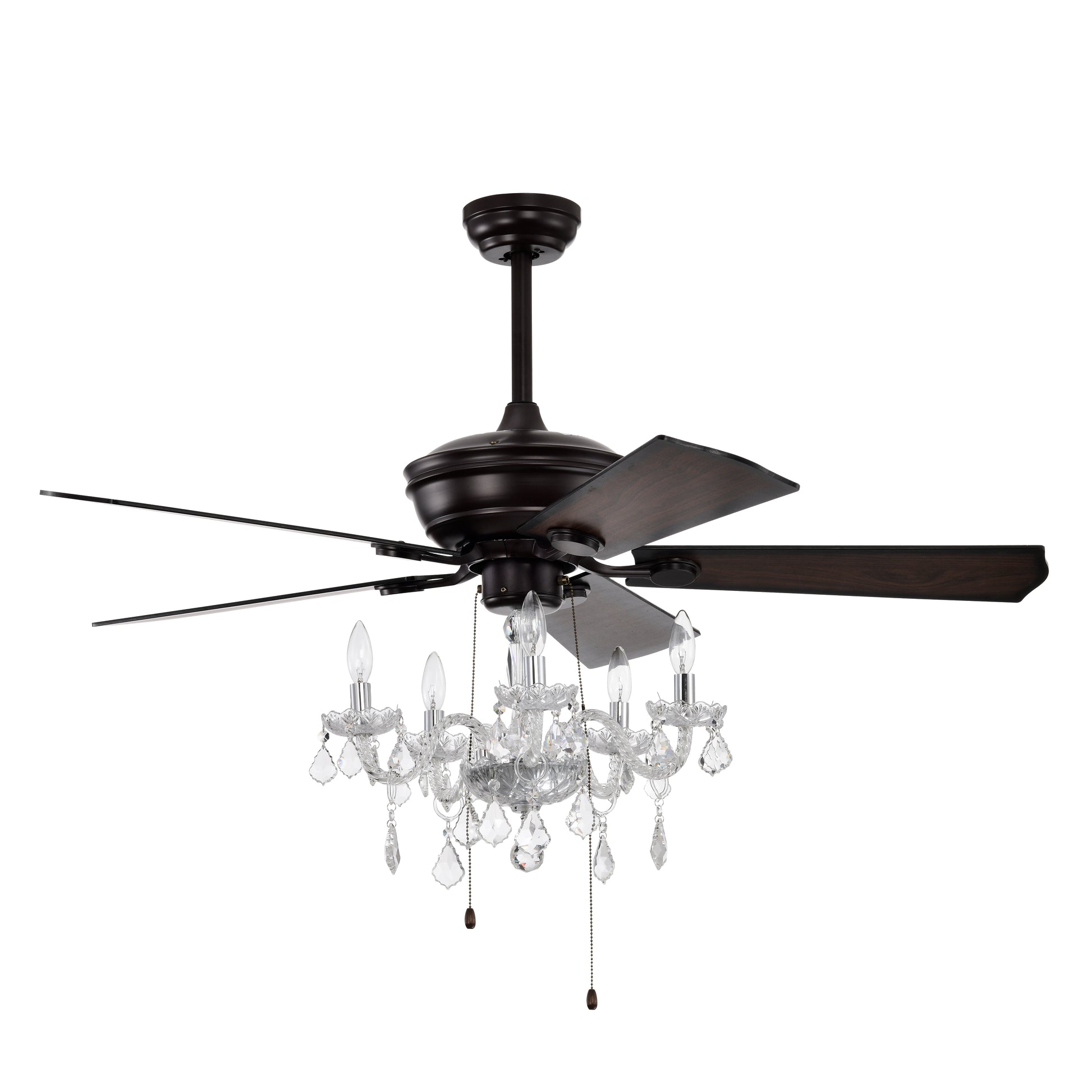 Bronze fiveblade ceiling fan with crystal chandelier and dark wood blades