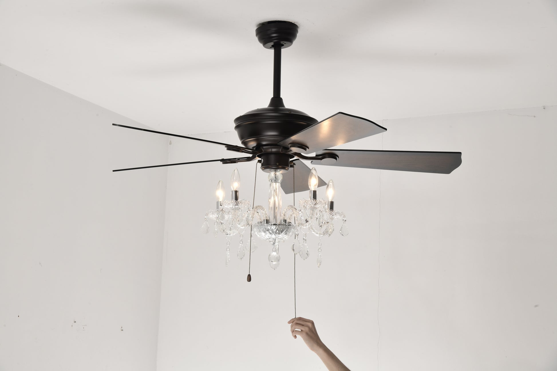 Bronze ceiling fan with crystal chandelier