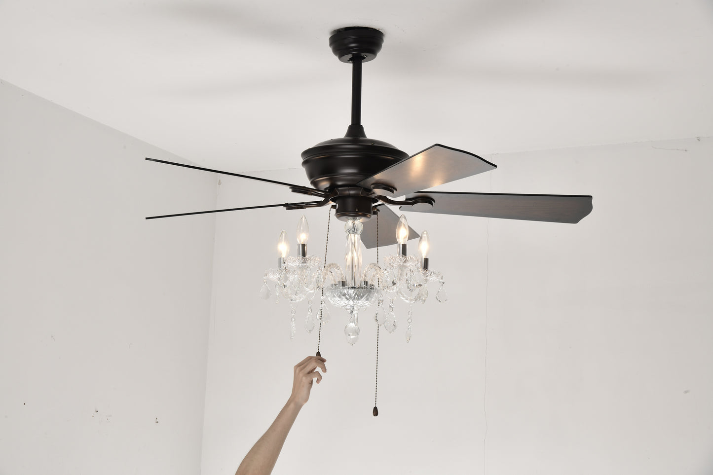 Dark bronze ceiling fan with crystal chandelier