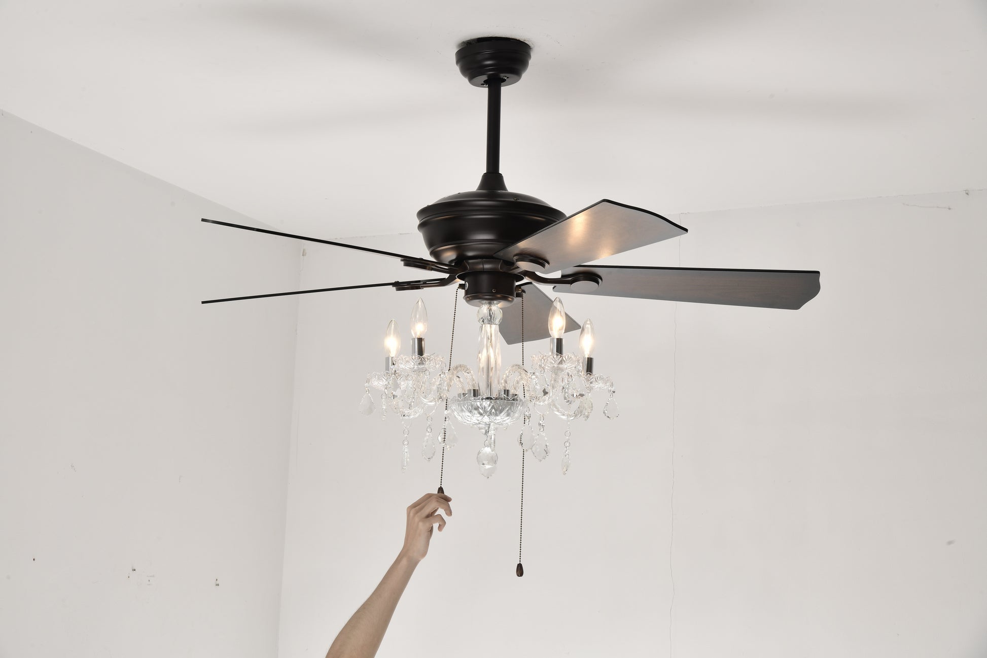 Dark bronze ceiling fan with crystal chandelier