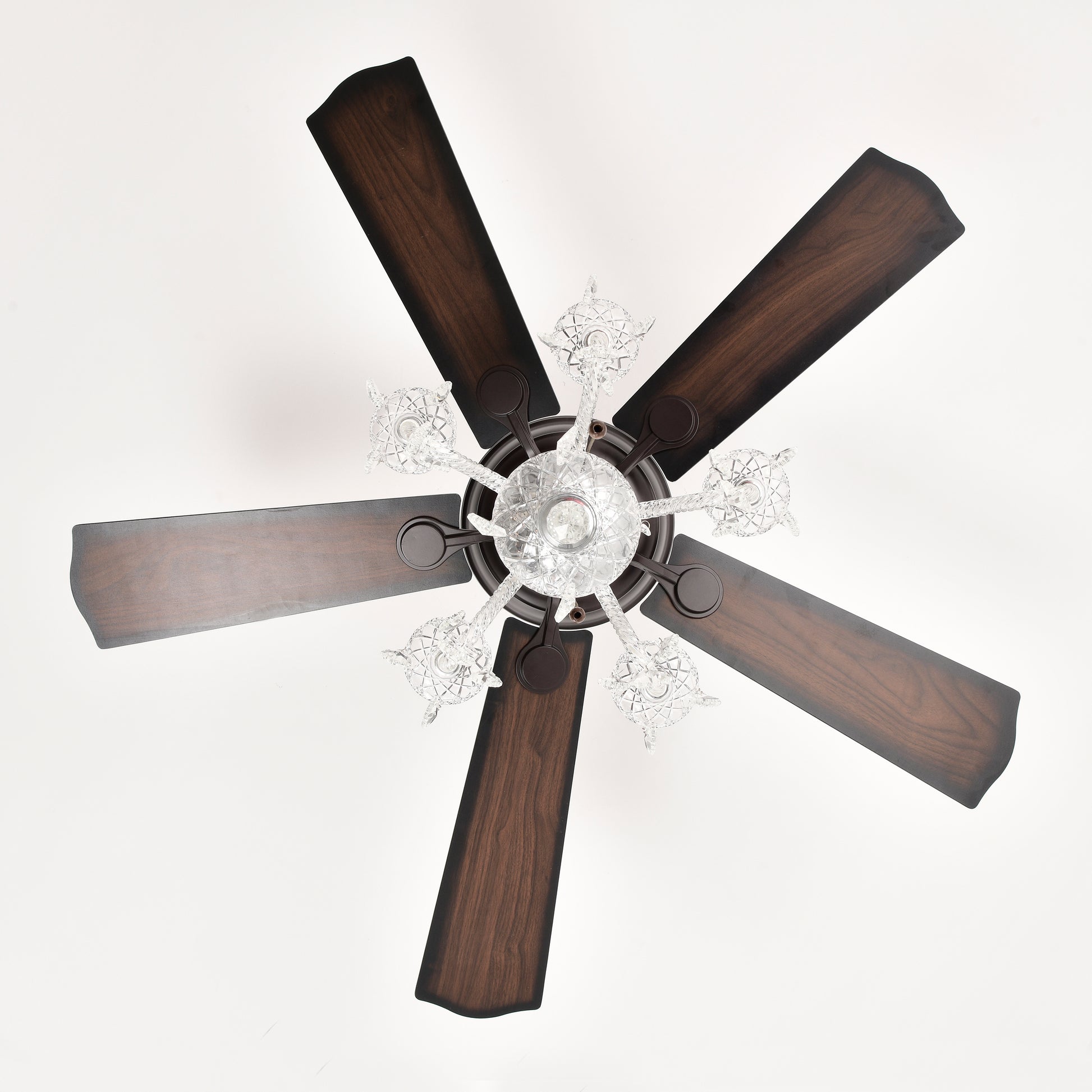 Antique bronze ceiling fan with five dark wood blades and crystal accents