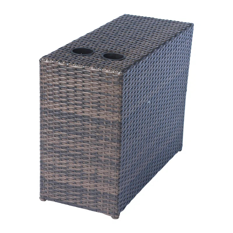 Brown wicker outdoor side table with two cup holders
