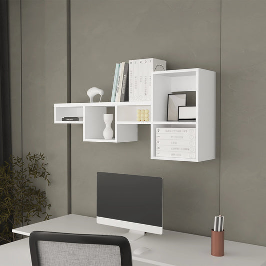 White modular wall shelf with books and decorative items