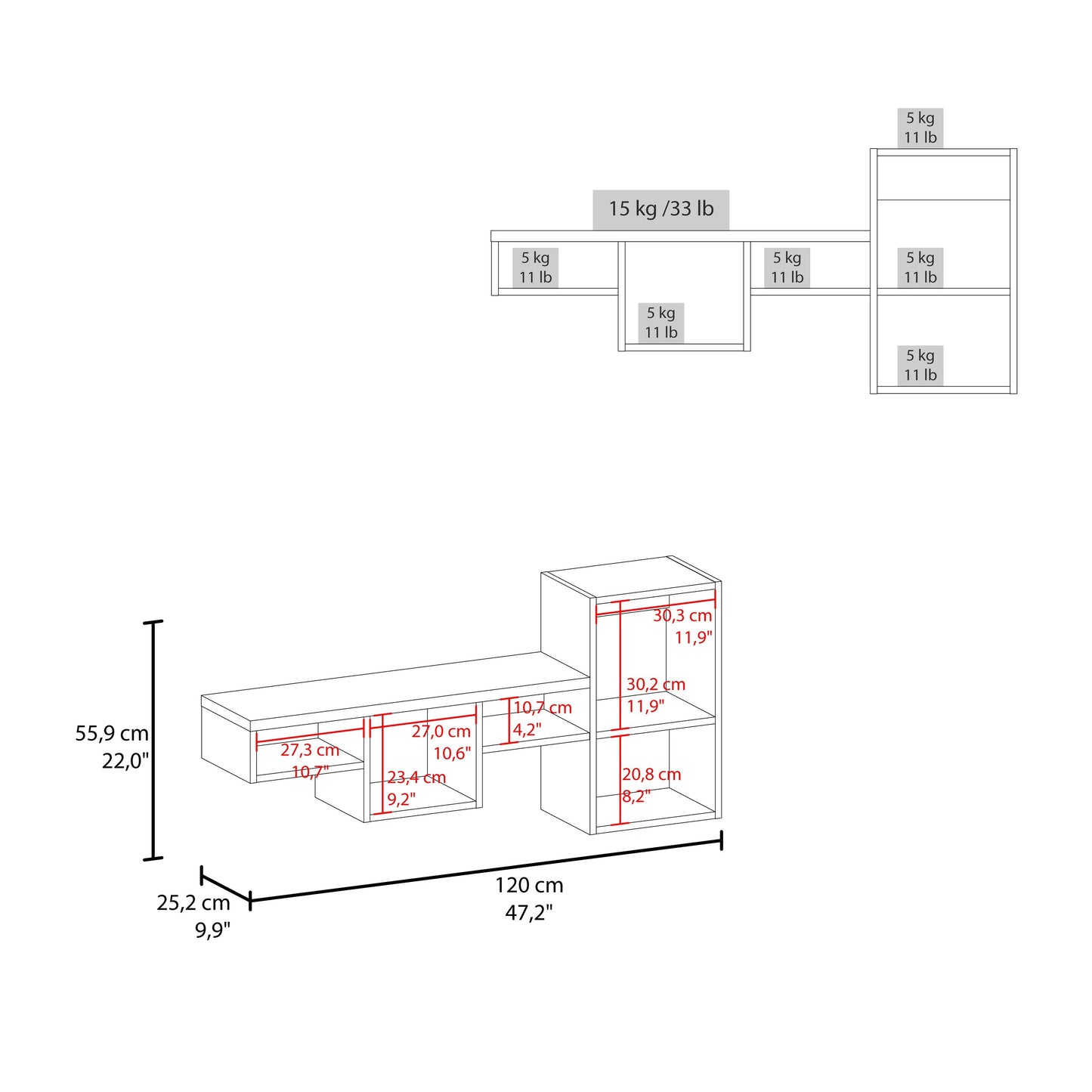 White modern shelf unit with dimensions shown