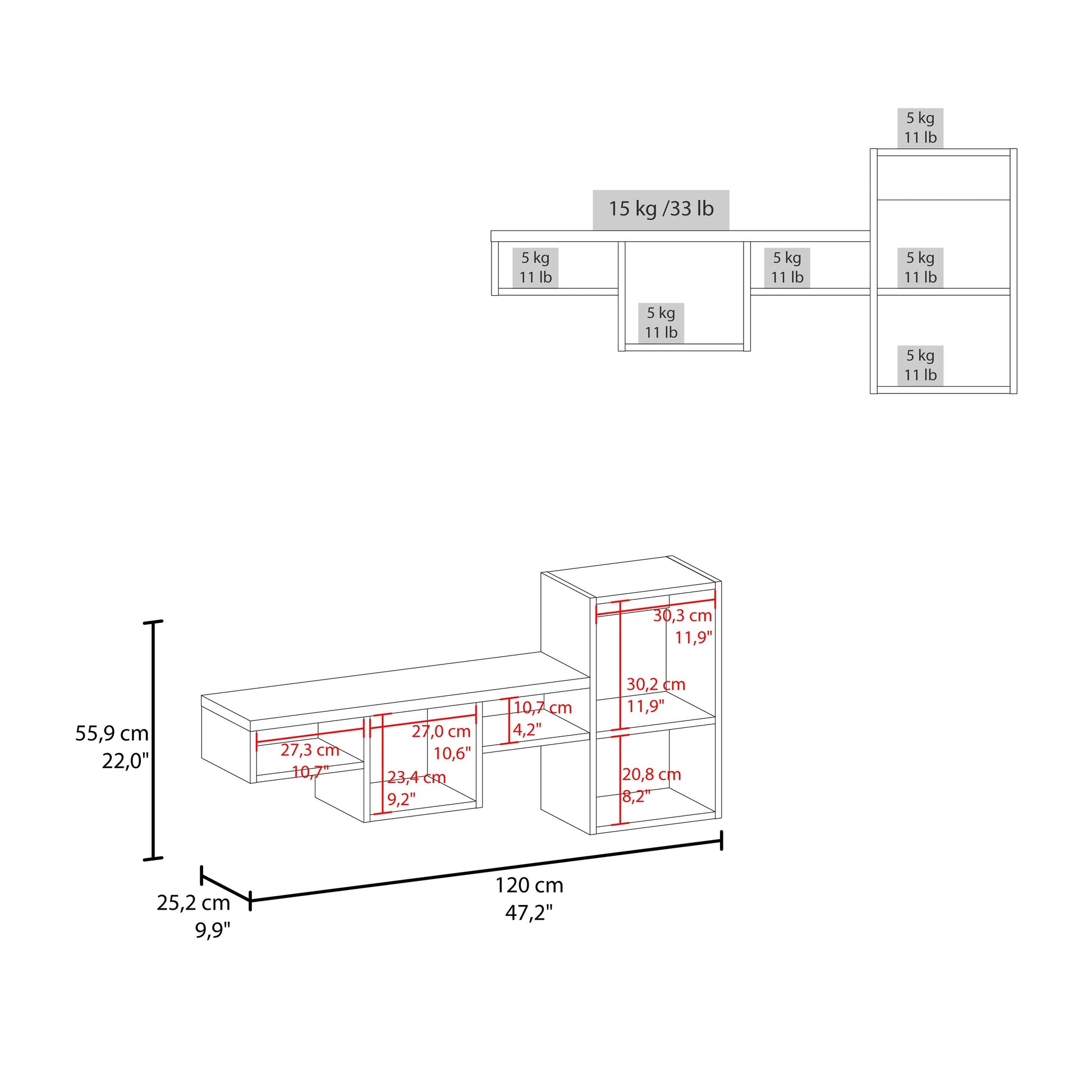 White modern shelf unit with dimensions shown