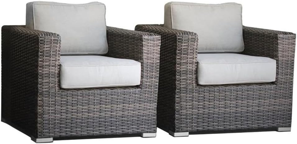 Two gray wicker armchairs with white cushions