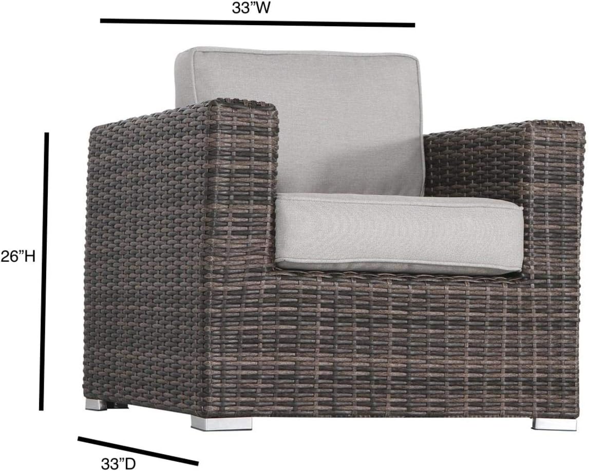 Woven patio chair with light grey cushions and chrome feet