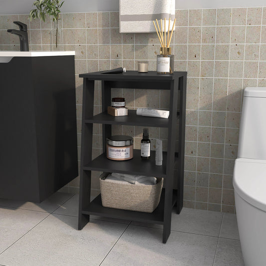 Dark gray tiered bathroom shelf unit holding toiletries and a woven basket