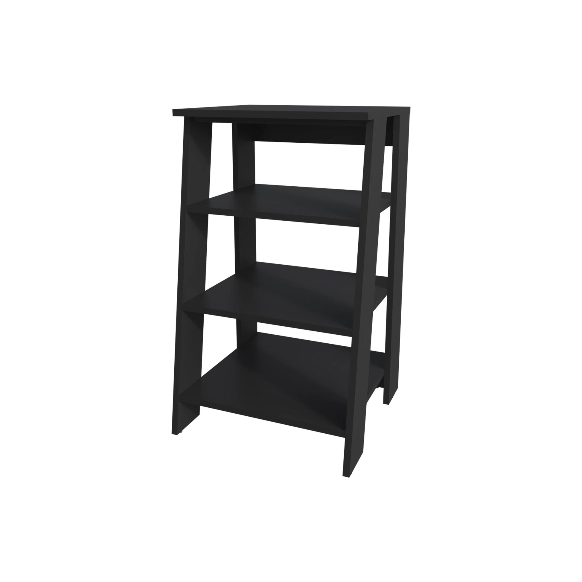 Modern black metal ladder bookshelf with four open shelves for display or storage