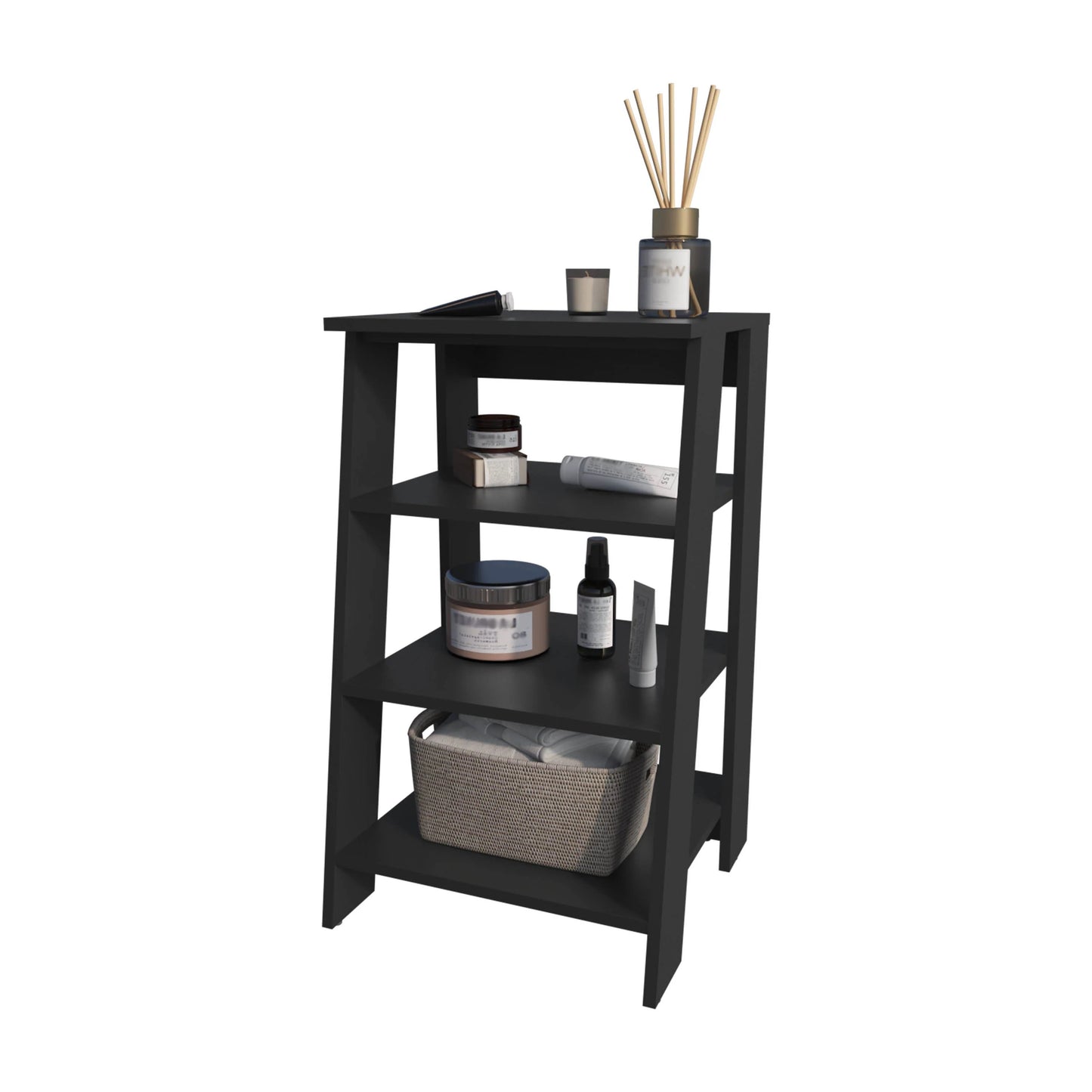 Black modern tier shelving unit displaying skincare products and reed diffuser Primary keyword shelving unit