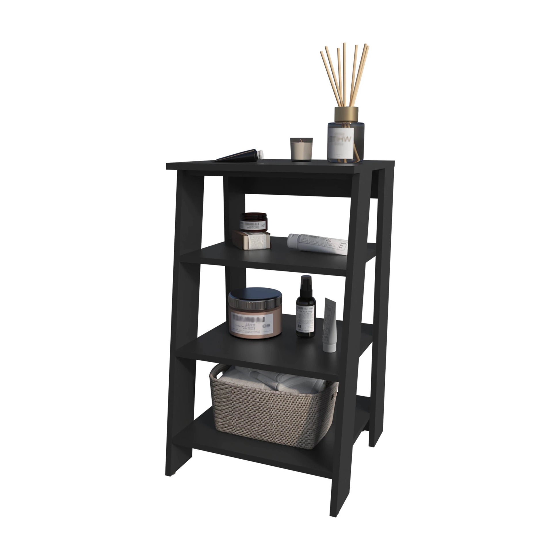 Black modern tier shelving unit displaying skincare products and reed diffuser Primary keyword shelving unit