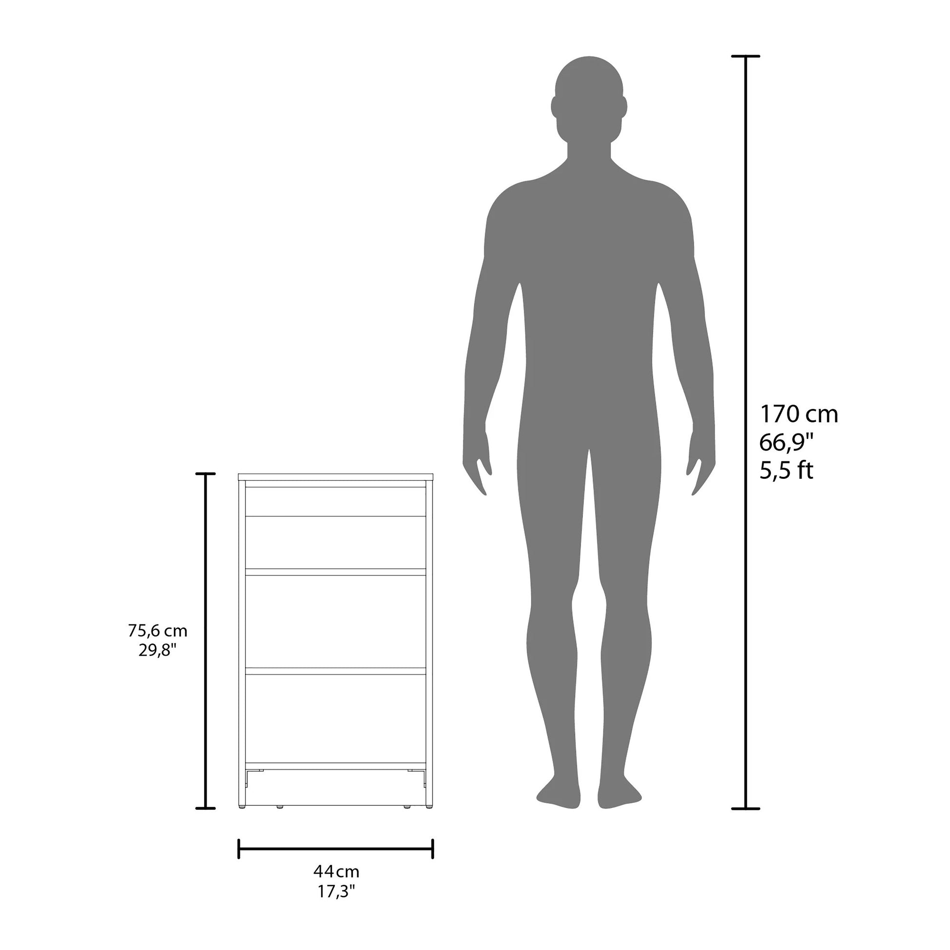 Diagram showing a narrow white bookshelf compared to a human silhouette for scale