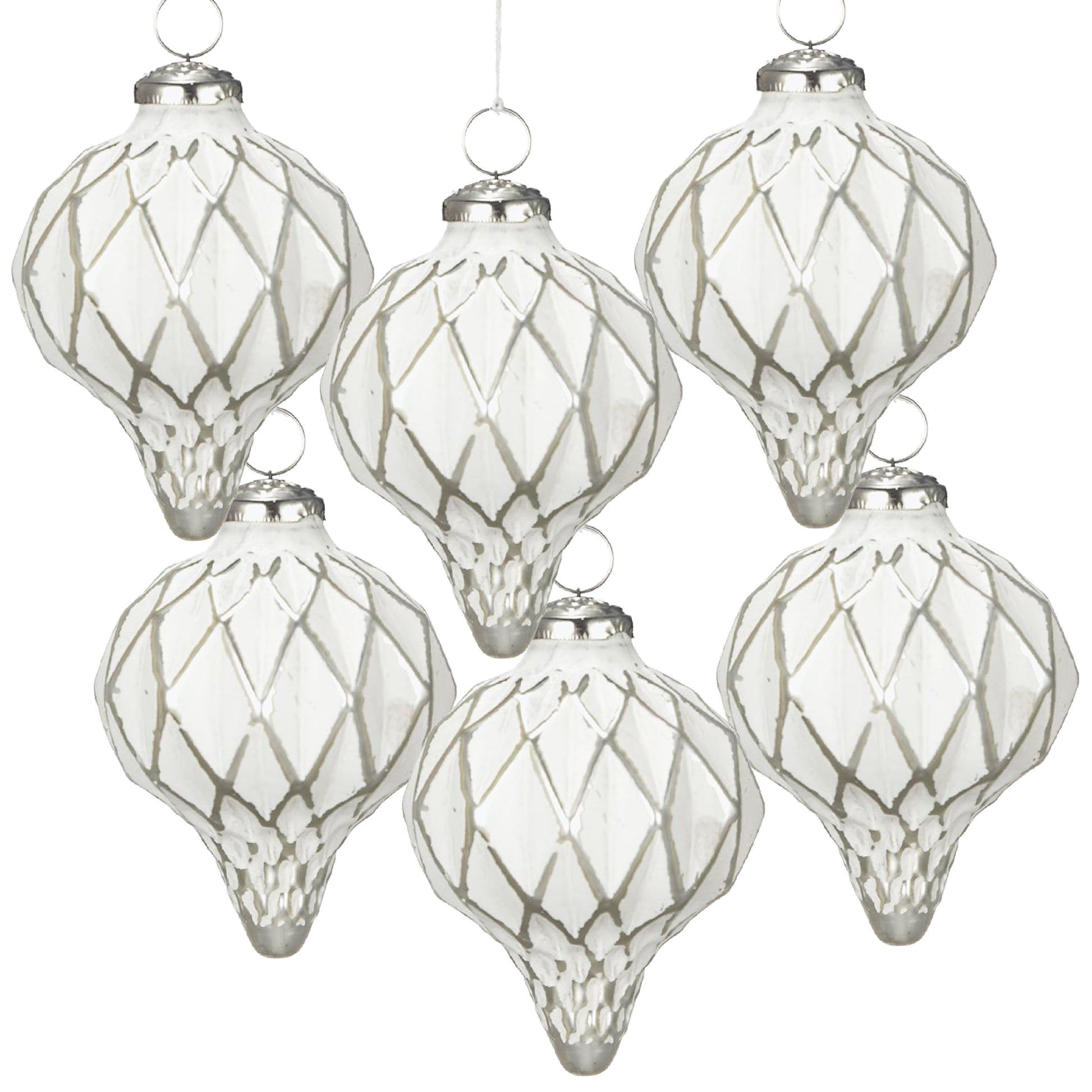 Set of  clear glass teardrop Christmas ornaments with silver diamond pattern