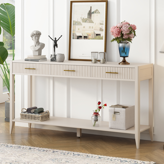 Cream fluted accent console table with gold hardware and three drawers