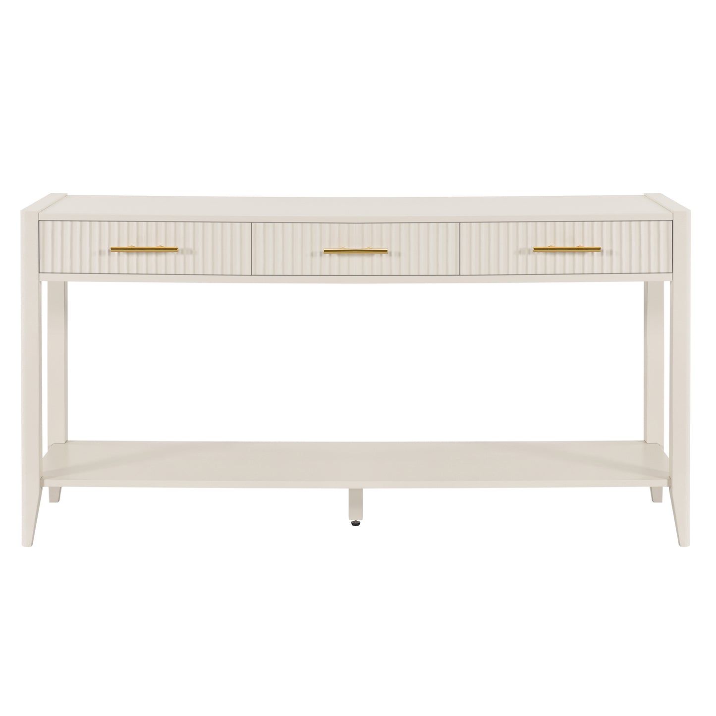 Cream fluted console table with three goldhandle drawers and lower shelf